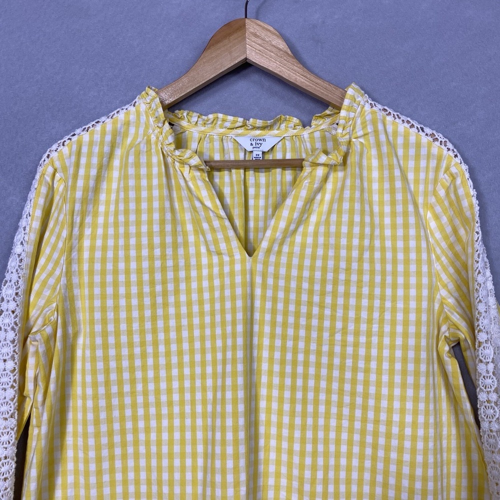 Crown & Ivy Women PS Blouse Yellow Gingham Checked Lace Trim Ruffle Neck